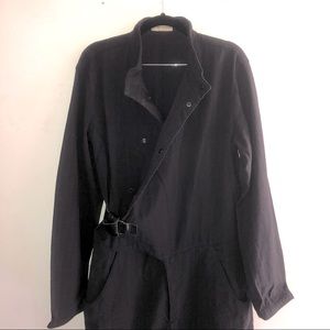 [EMPORIO ARMANI] Wool Oversized Charcoal Brown Pin-strip Leather belt Jumpsuit